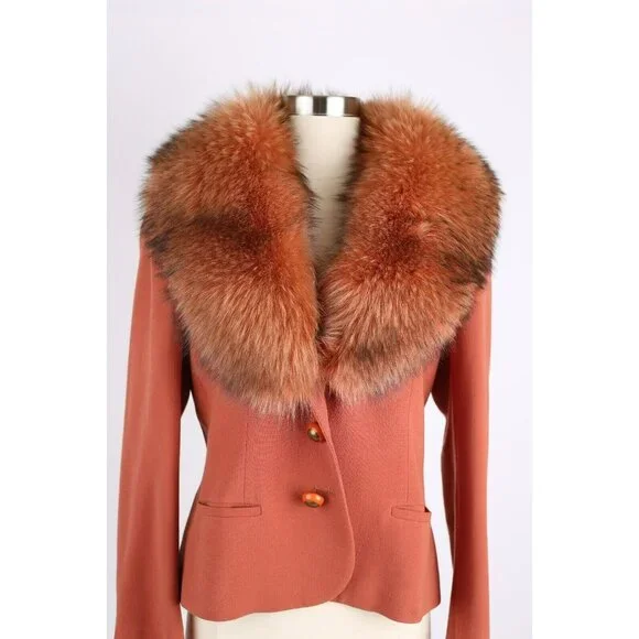 $4,900 Agnona Wool Jacket w/ Exploding Fur Collar SZ 46 Orange